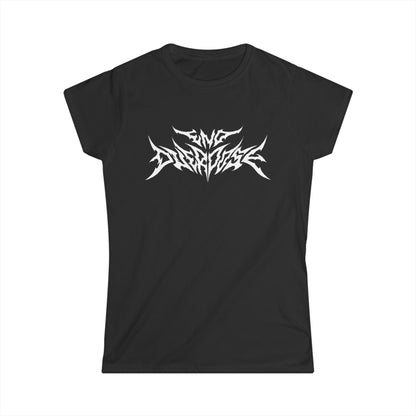 Heavy Metal Logo Women's Tee — White, Black, Light Blue, & Azalea Crewneck